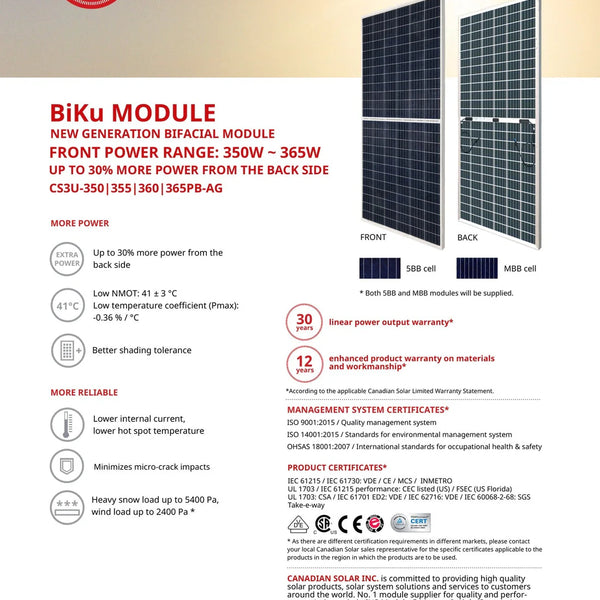 picture of Canadian 350w solar panel with information on reliability and certifications