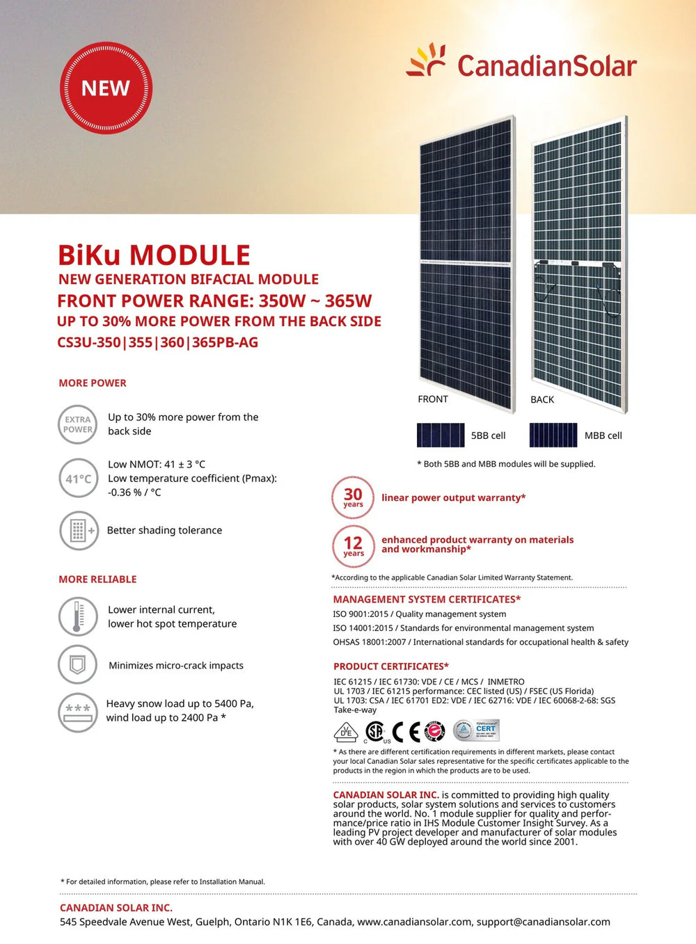 picture of Canadian 350w solar panel with information on reliability and certifications
